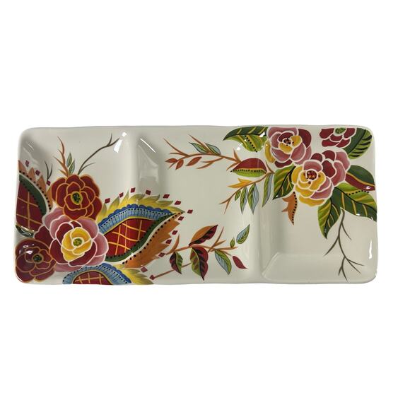 Eva Mendes VIDA Rose Print for ESPANA 15 " x 6.75" Divided Relish Plate-Mint! - Picture 1 of 6